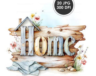 Vintage Shabby Chic Home Sign Watercolor Clipart | 20 JPG Files | Cozy Home Wall Art