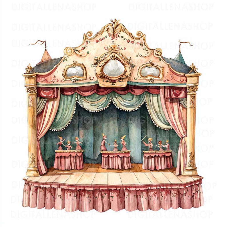 Victorian Puppet Theatre Stage Watercolor Clipart 12 JPG Files, Junk ...