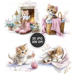 May include: A watercolour illustration of four kittens in cosy scenes. One kitten is in pink boots, another in a basket with a pink blanket, a third plays with yarn, and the last one sleeps under a blanket. The image includes the text "20 JPG 300 DPI".