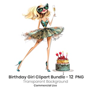 Birthday Girl Clipart Bundle: Watercolor Illustrations (Digital Download, 12 PNG Files)