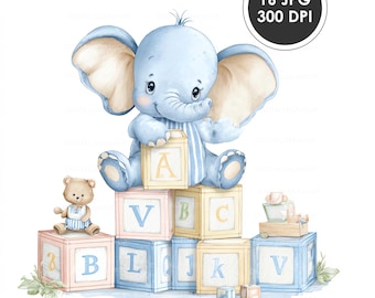 Blue Baby Elephant with Toys Watercolor Clipart | Nursery Decor & Baby Shower Art | 16 JPG Files