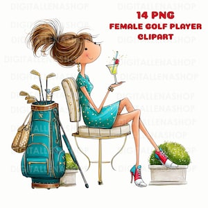 Golfista peculiar en acuarela (12 PNG), elegante mujer con palos de golf y cóctel para invitaciones a fiestas de golf, descarga digital