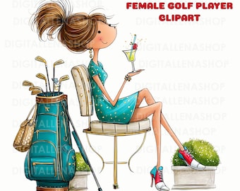 Puede incluir: Ilustración digital de una golfista femenina con un cóctel. Lleva un vestido turquesa y zapatos rojos, blancos y azules. También se ven una bolsa de golf, palos y un carrito de golf. El texto "14 PNG FEMALE GOLF PLAYER CLIPART" está en la parte superior.