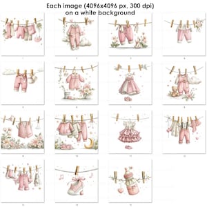May include: Watercolor illustrations of baby clothes, including onesies, dresses, and pants, hanging on a clothesline. The images feature a soft pink color palette with floral and cloud accents. The text on the image says "Each image (4096x4096 px, 300 dpi) on a white background."