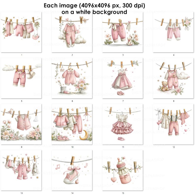 May include: Watercolor illustrations of baby clothes, including onesies, dresses, and pants, hanging on a clothesline. The images feature a soft pink color palette with floral and cloud accents. The text on the image says "Each image (4096x4096 px, 300 dpi) on a white background."