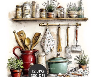Vintage Kitchen Shelves Watercolor Clipart | Rustic Pantry Decor | Cottagecore Home Art | 12 JPG Files