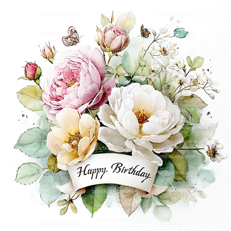 Peut inclure: Illustration &agrave; l'aquarelle d'un bouquet floral avec des roses roses, blanches et jaunes, des feuilles vertes et des papillons. Une banni&egrave;re en bas indique "Happy Birthday" en &eacute;criture noire.
