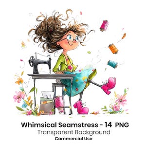 May include: A digital illustration of a person with messy brown hair and glasses sitting at a black sewing machine. The person wears a green jacket and blue skirt with pink boots. Floating thread spools and colourful flowers surround them.