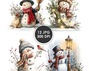Vintage Snowman Watercolor Clipart Set: Retro Christmas (Digital Download)