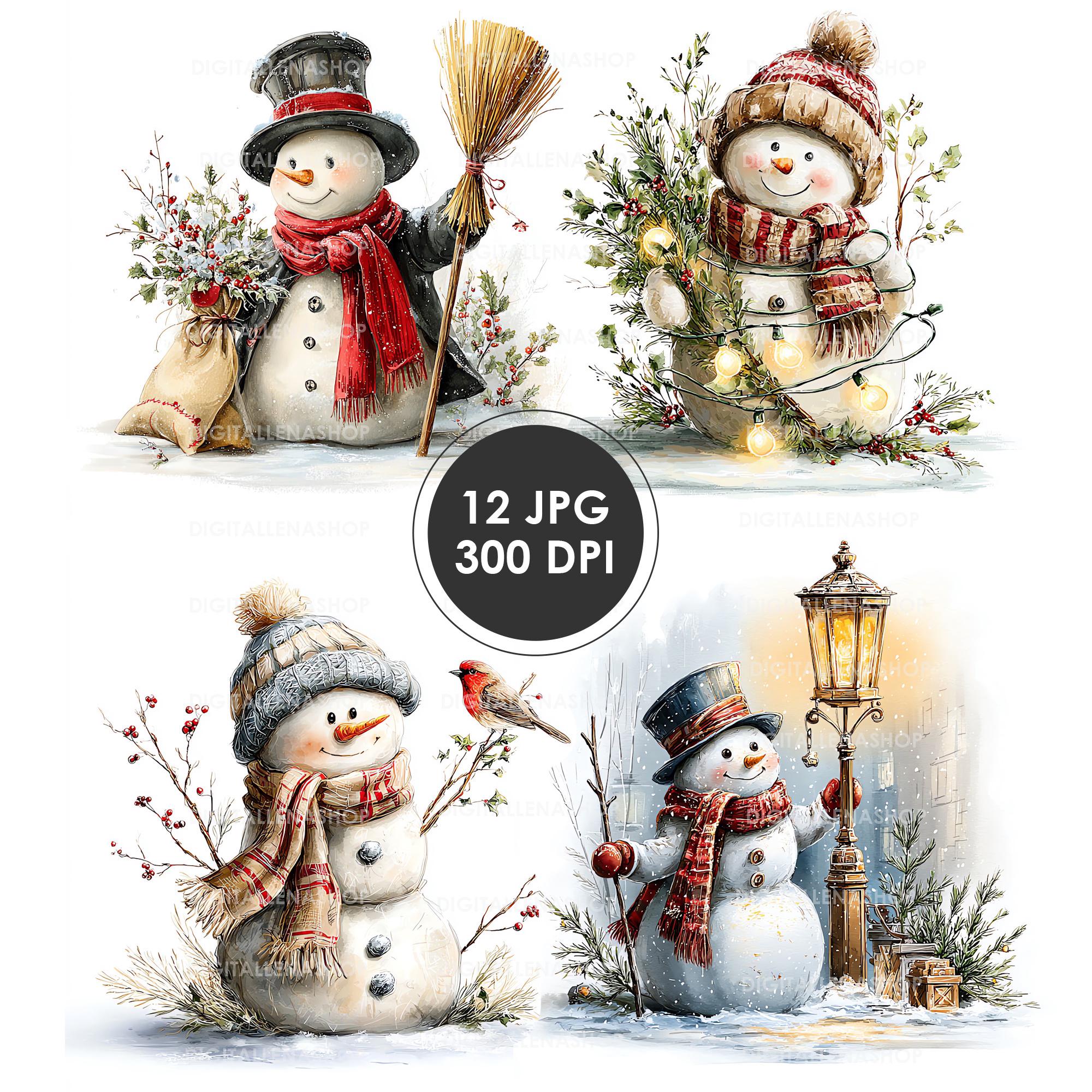 Vintage Snowman Watercolor Clipart Set: Retro Christmas (Digital Download)