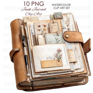 May include: A brown leather junk journal with a pen, filled with vintage papers, tags, and floral illustrations. The journal is secured with a leather strap and button closure. The text "10 PNG Junk Journal Clip Art" is visible.