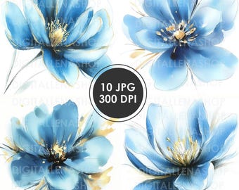 Blue Flowers Watercolor Clipart: Abstract Floral Art (Digital Download)
