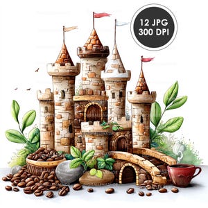 May include: Watercolor illustration of a whimsical castle with multiple towers, flags, and a stone bridge. A basket of coffee beans, a red coffee cup, and greenery are in the foreground. The image includes the text "12 JPG 300 DPI".