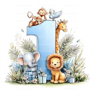 May include: Watercolor illustration featuring a large blue number 1 with a giraffe, lion, elephant, monkeys, and a bird. The image has a jungle theme with gifts and foliage, perfect for a first birthday.