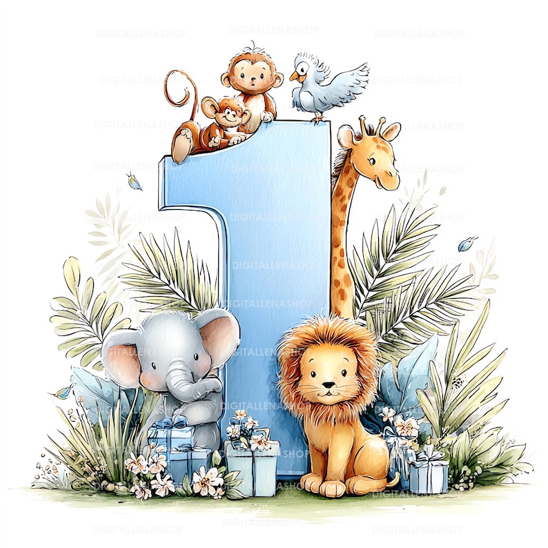 May include: Watercolor illustration featuring a large blue number 1 with a giraffe, lion, elephant, monkeys, and a bird. The image has a jungle theme with gifts and foliage, perfect for a first birthday.