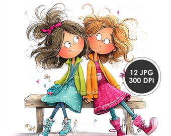 Watercolor Friends Clipart: Quirky Kids Illustration (Digital Download)