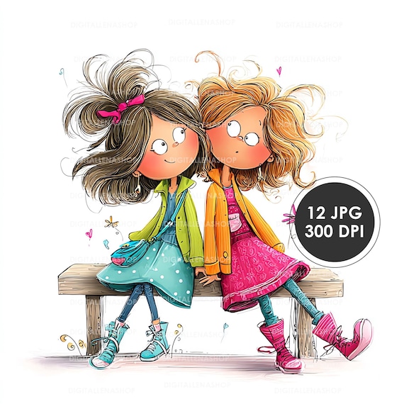 Watercolor Friends Clipart: Quirky Kids Illustration (digital