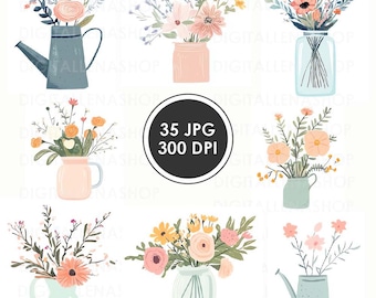 Puede incluir: Un conjunto de 35 imágenes de clipart digital de arreglos florales en jarrones de varios colores. Las flores son en tonos de rosa, amarillo y blanco. Los jarrones son en tonos de azul, verde y rosa. Las imágenes son de 300 DPI.