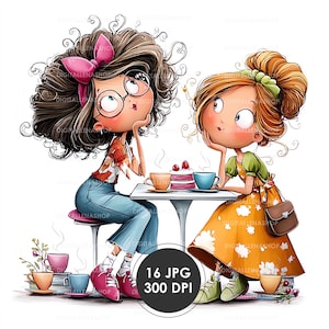 Könnte beinhalten: Eine Illustration von zwei Cartoon-Frauen an einem Tisch mit Kaffeetassen und einem Kuchen. Eine Frau hat lockiges braunes Haar und eine Brille, die andere hat rotes Haar und ein gelbes Kleid. Der Text "16 JPG 300 DPI" ist enthalten.