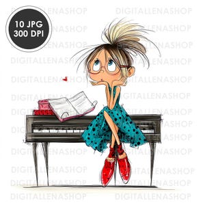 Puede incluir: Ilustración de una niña con gafas, moño y vestido turquesa con lunares, sentada en un piano. Lleva zapatos rojos y mira hacia arriba. Un libro y una caja están sobre el piano. La imagen incluye el texto "10 JPG 300 DPI".