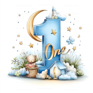 May include: A whimsical illustration featuring a large blue number "1" with a gold "One" overlay. A crescent moon, stars, clouds, and a teddy bear in a basket add to the dreamy, celebratory theme. A small house and a castle are also included.