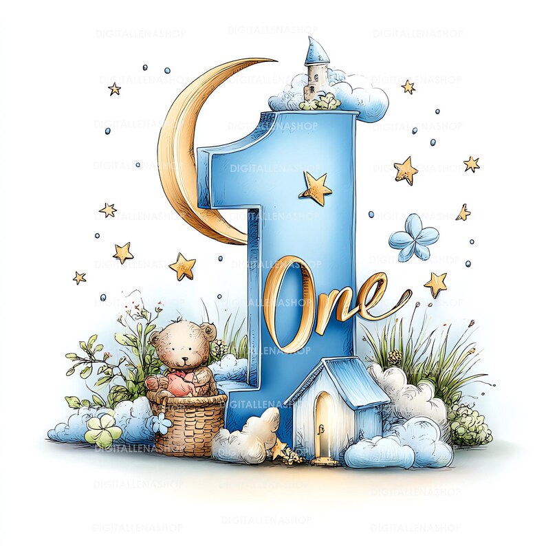 May include: A whimsical illustration featuring a large blue number "1" with a gold "One" overlay. A crescent moon, stars, clouds, and a teddy bear in a basket add to the dreamy, celebratory theme. A small house and a castle are also included.