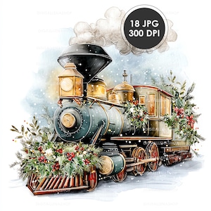 May include: Watercolor illustration of a vintage train decorated with holly, berries, and greenery. The train is a mix of teal, gold, and brown, with a plume of white smoke. The image includes the text "18 JPG 300 DPI".