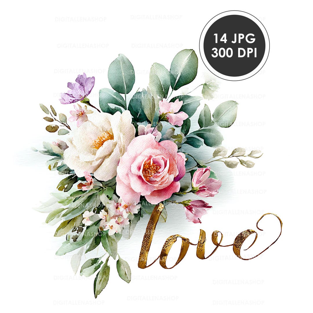 Calligraphic Love and XOXO Watercolor Clipart With Roses & Floral Vines ...