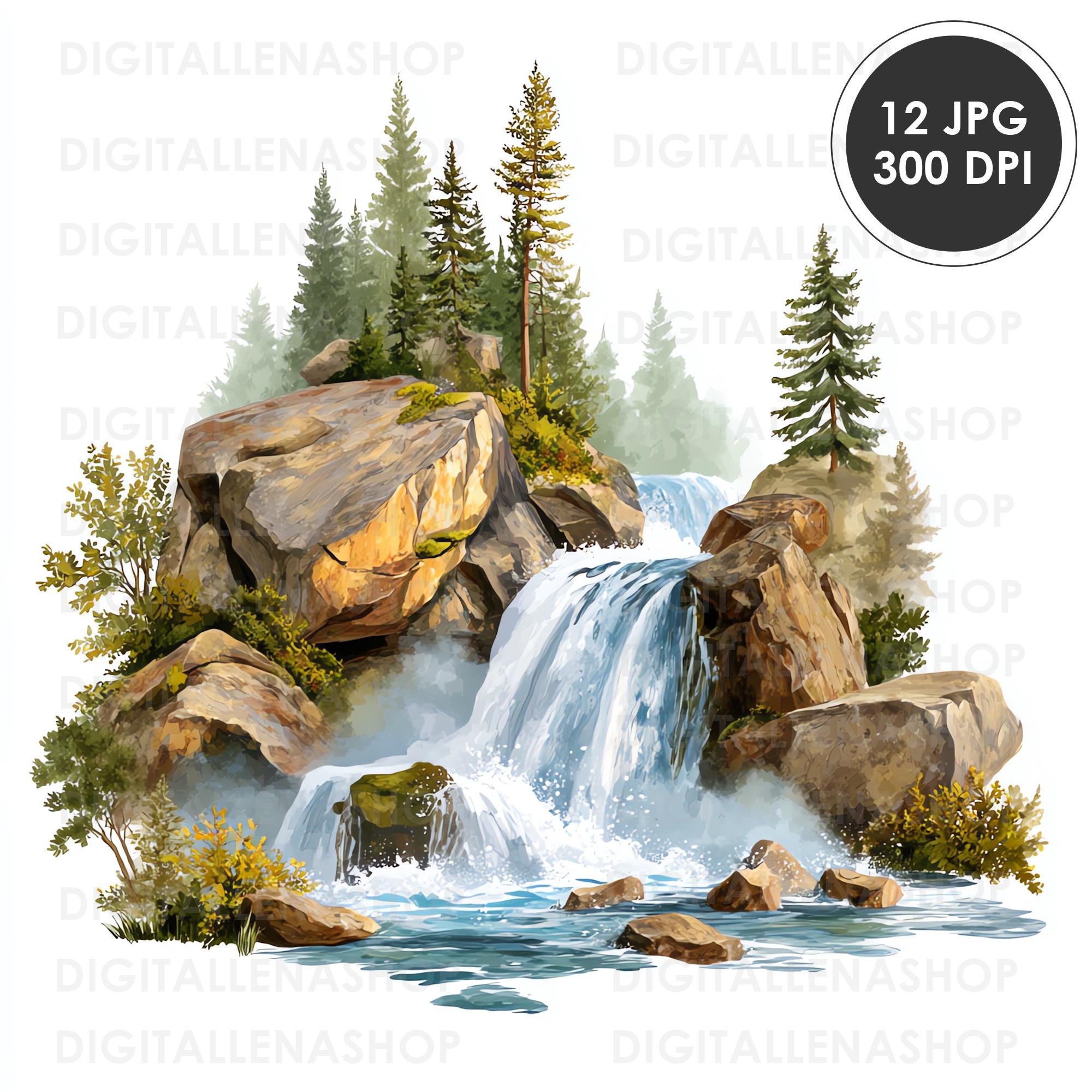 水彩画の滝のクリップアートセット：風景自然イラスト（JPGファイル