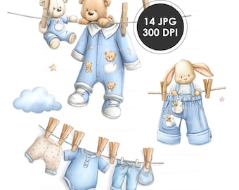 Baby Boy Clothesline Watercolor Clipart | Baby Shower Decor | Nursery Art | 14 JPG Files | Digital Download