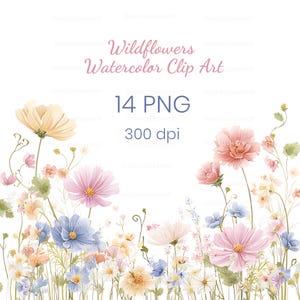 Könnte beinhalten: Aquarell-Clipart mit verschiedenen Wildblumen in Rosa, Gelb, Blau und Pfirsich. Der Text "Wildflowers Watercolor Clip Art", "14 PNG" und "300 dpi" ist enthalten. Die Blumen sind in einem natürlichen, fließenden Stil angeordnet.