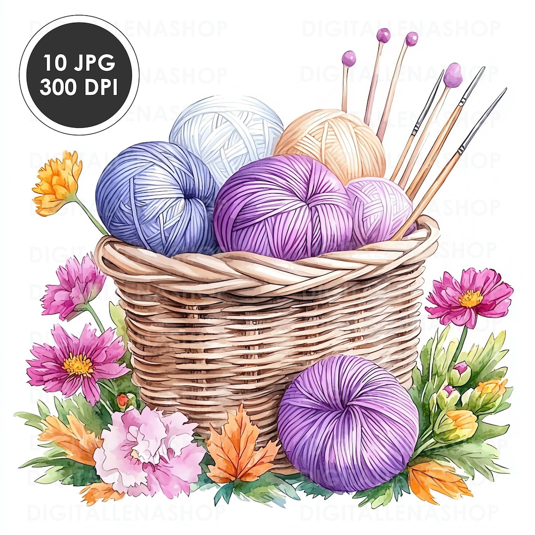 Knitting Basket Watercolor Clipart: Yarn & Wool Illustrations (digital ...