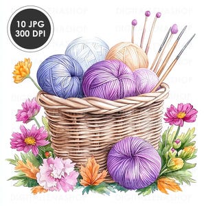 Strickkorb Aquarell Clipart, 10 hochwertige JPG Dateien, Garn und Wolle Clipart, druckbare Grafik, Junk Journaling, digitaler Download
