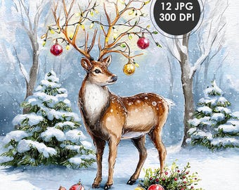 May include: Watercolor painting of a deer in a snowy forest scene. The deer has antlers adorned with Christmas lights and ornaments. The image includes snow-covered pine trees and the text "12 JPG 300 DPI" in a black circle.