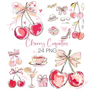 Puede incluir: Ilustración en acuarela con cerezas, lazos y otros elementos femeninos. La imagen incluye una taza de té, un tacón alto y una caja de regalo, todo en una paleta de colores rosa suave. El texto dice "Cherry Coquettes 24 PNG."