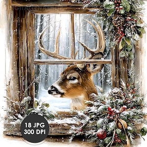 Peut inclure: Illustration numérique d'un cerf regardant par une fenêtre en bois, encadrée de verdure hivernale et de baies rouges. La fenêtre donne sur une forêt enneigée. L'image comprend le texte "18 JPG 300 DPI" dans un cercle.