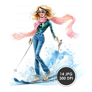 Puede incluir: Ilustración en acuarela de una mujer esquiando. Lleva un traje de esquí verde azulado y azul, vaqueros azules, una bufanda rosa y gafas de sol. La imagen incluye bastones de esquí y esquís, con un fondo azul de acuarela. También incluye el texto "14 JPG 300 DPI".