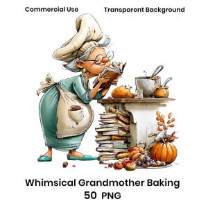 Op de afbeelding: Een illustratie van een ouder persoon met een koksmuts, bril en schort, die een boek leest terwijl die op een tafel leunt. Op de tafel staan een mengkom, een stuk brood en een stapel boeken. Een pompoen en fruit liggen op de grond.