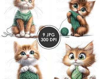 Knitting Kittens Watercolor Clipart: Crafty Cat Illustrations (Digital Download