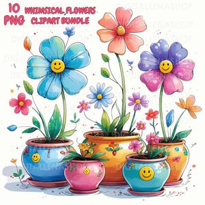 May include: A set of 10 whimsical flower clipart images. The flowers are in various colours, including blue, pink, orange, and yellow. Each flower has a smiley face on it. The flowers are in pots with different colours and patterns. The pots are on a white background.