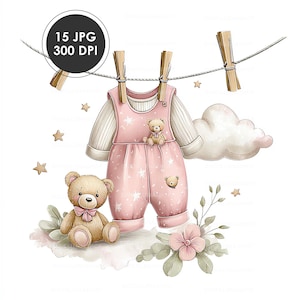 May include: A watercolor illustration of baby clothes hanging on a clothesline. The pink overalls are decorated with stars and a teddy bear. A teddy bear sits on a cloud with flowers and leaves. The image includes the text "15 JPG 300 DPI".