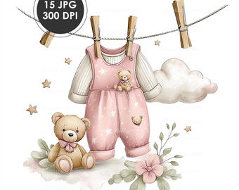 Baby Girl Clothesline Watercolor Clipart | Pink Newborn Clothes Hanging | Baby Shower Decor | 15 JPG Files