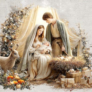 May include: A digital illustration depicting the Nativity scene. Mary cradles baby Jesus, with Joseph looking on. A deer stands nearby, with pumpkins and gifts at the base. The scene is set in a warm, inviting color palette with soft lighting.