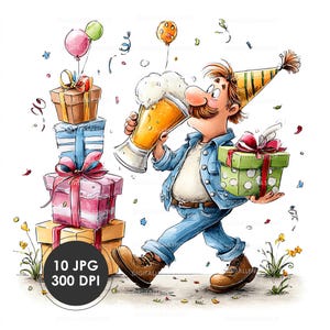 Puede incluir: Ilustración de dibujos animados de un hombre celebrando con cerveza y regalos. Lleva un gorro de fiesta, vaqueros azules y una chaqueta vaquera. Una pila de regalos envueltos y globos también están en la imagen. Confeti y flores esparcidos.