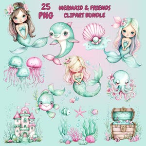 Cute Mermaid and Friends Watercolor Clip Art 26 High Quality PNG, Cute Little Mermaid, Kids Clipart - Transparent Background, Scrapbooking