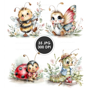 May include: Watercolor illustrations of adorable insects: a bee, a butterfly, a ladybug, and a caterpillar. The bee is holding a small shovel. The butterfly has colorful wings. The ladybug has a red shell with black spots. The caterpillar wears a hat and glasses. The image includes the text "35 JPG 300 DPI".