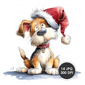 Puede incluir: Ilustración en acuarela de un perro con un gorro de Papá Noel y un collar rojo con una campana dorada. El perro tiene pelaje marrón y blanco y está sentado. La imagen incluye el texto "14 JPG 300 DPI".