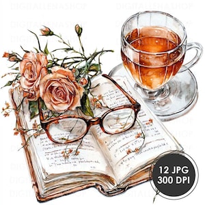 Book Tea Party Clipart 12 JPG, Tea and Book Clip Art | High Quality, Printable, Junk Journaling, Scrapbooking, Card Making, Digital Download