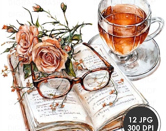 Book Tea Party Watercolor Clipart: Cozy Reading Illustrations (Digital Download)