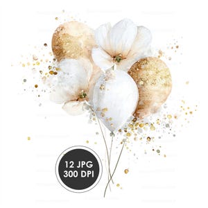 Puede incluir: Ilustración en acuarela de un ramo de flores blancas y globos con detalles dorados. La imagen incluye confeti dorado y el texto "12 JPG 300 DPI" en un círculo negro.